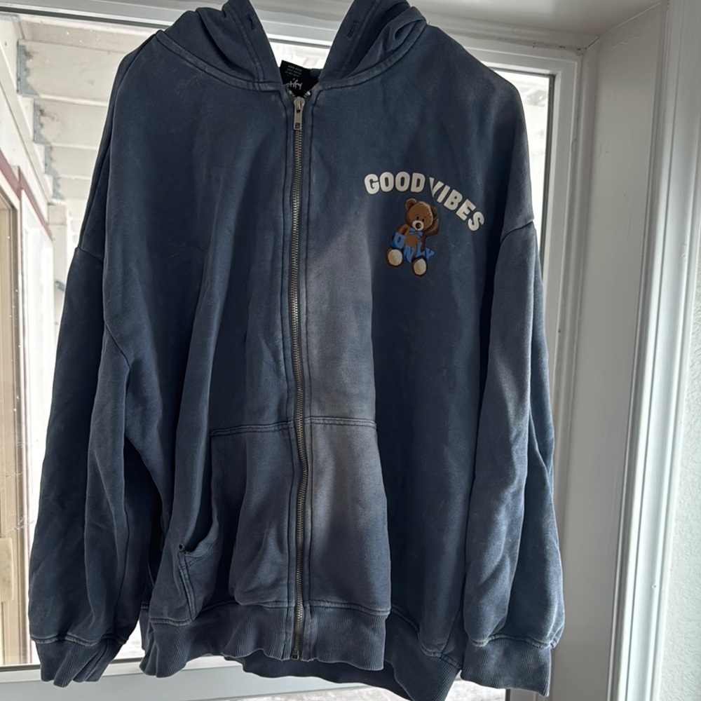 Only Blue Zip-Up Hoodie with Good Vibes Graphic